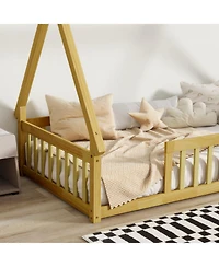 Streamdale Furniture Tent-shaped Floor Bed,Teepee Bed with Guardrails, Slats