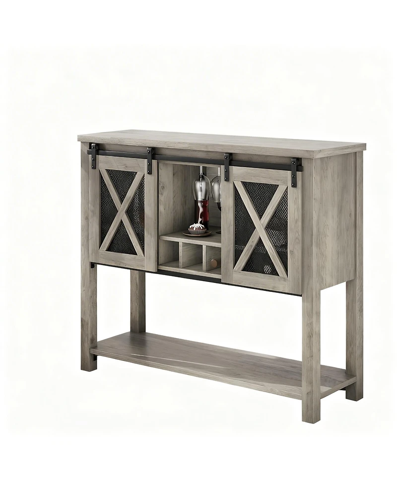 Yigii Buffet Cabinet Wine Coffee Bar Table Glass Rack Barn Mesh Door Kitchen Sideshelves