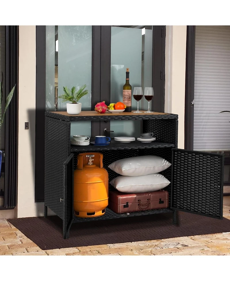 gaomon Patio Outdoor Wicker Storage Cabinet with Shelf,Powder Coated Steel,Patio Bar Table 2-Door and Shelf,All Weather Resin