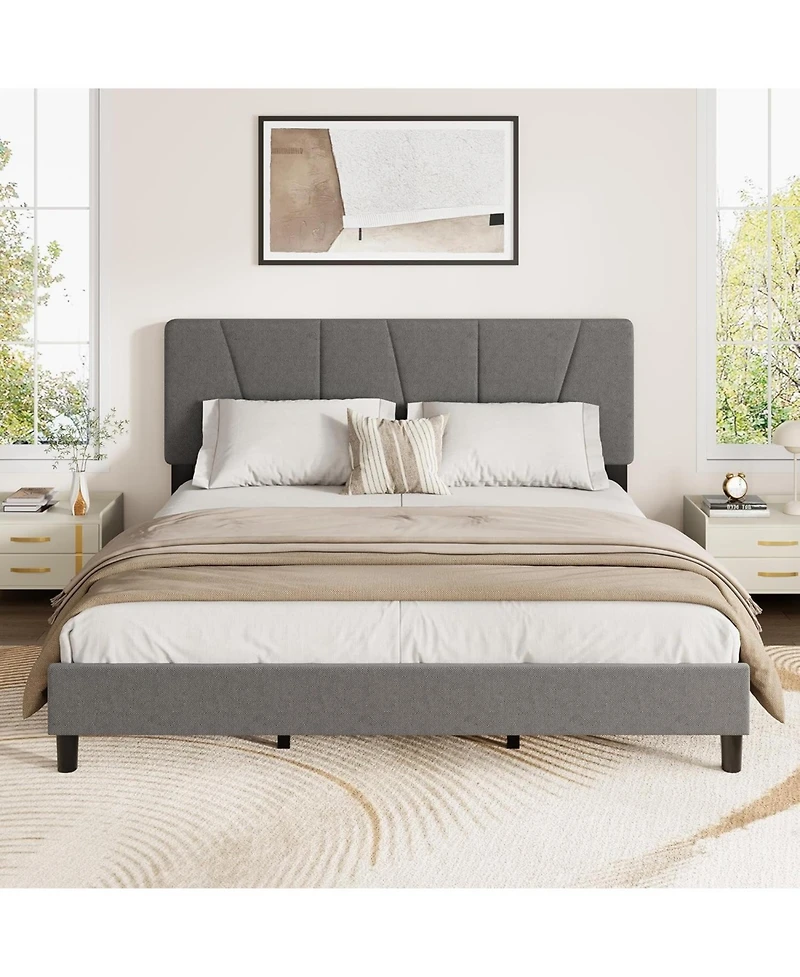 gaomon California King Platform Bed with Adjustable Headboard, Linen Upholstered Frame, Wood Slats