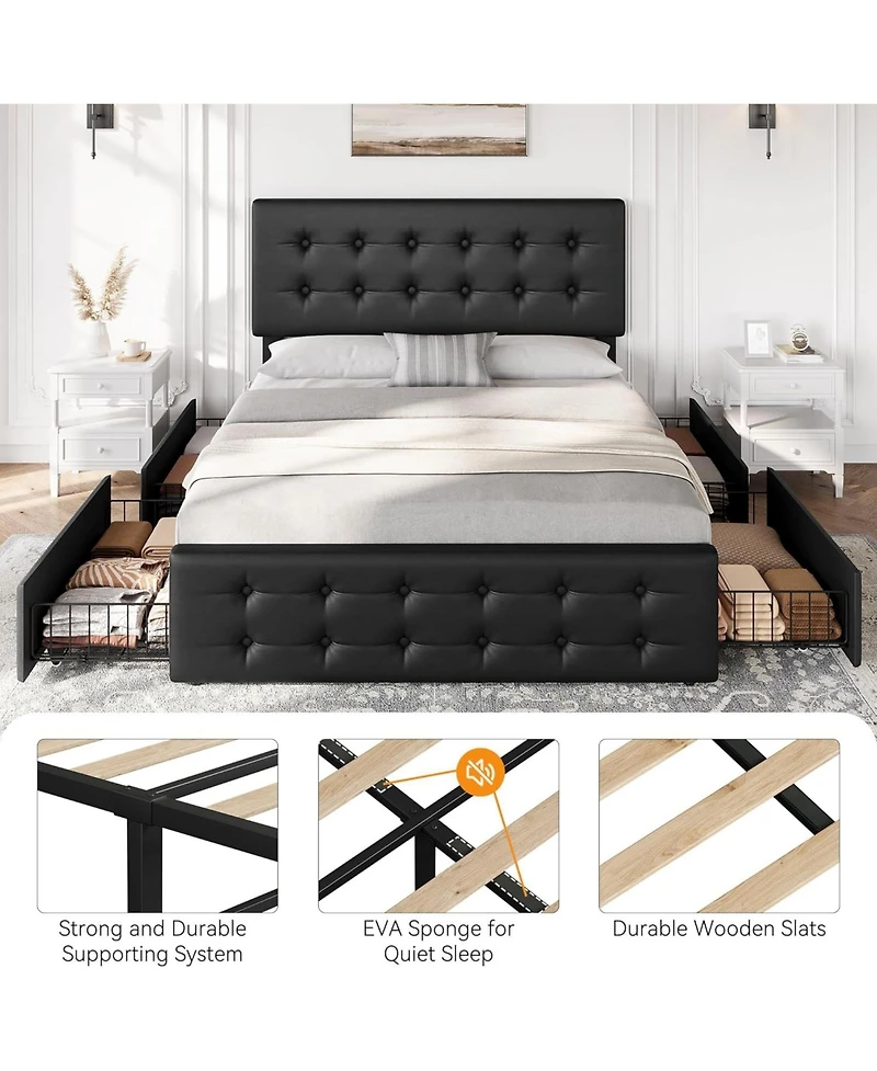 gaomon Bed Frame with 4 Storage Drawers and Headboard, Velvet Upholstered Platform Bed Frame with Wooden Slats Support
