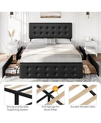 gaomon Bed Frame with 4 Storage Drawers and Headboard, Velvet Upholstered Platform Bed Frame with Wooden Slats Support