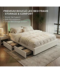 gaomon Boucle Bed Frame with 2 Drawers, Led Headboard, Upholstered Platform