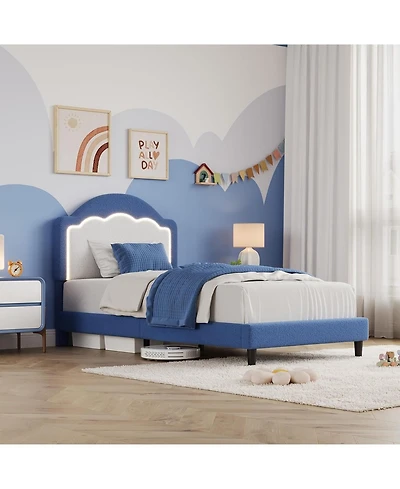 gaomon Twin Kids Upholstered Bed with Led Headboard, Plush Sherpa Fabric, Wooden Slats Support
