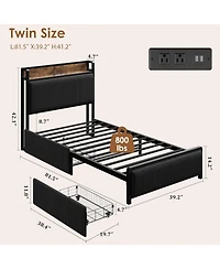 gaomon Twin Xl Platform Bed Frame with Storage Headboard and Charging Station, 2 Drawers, Noise-Free, No Box Spring