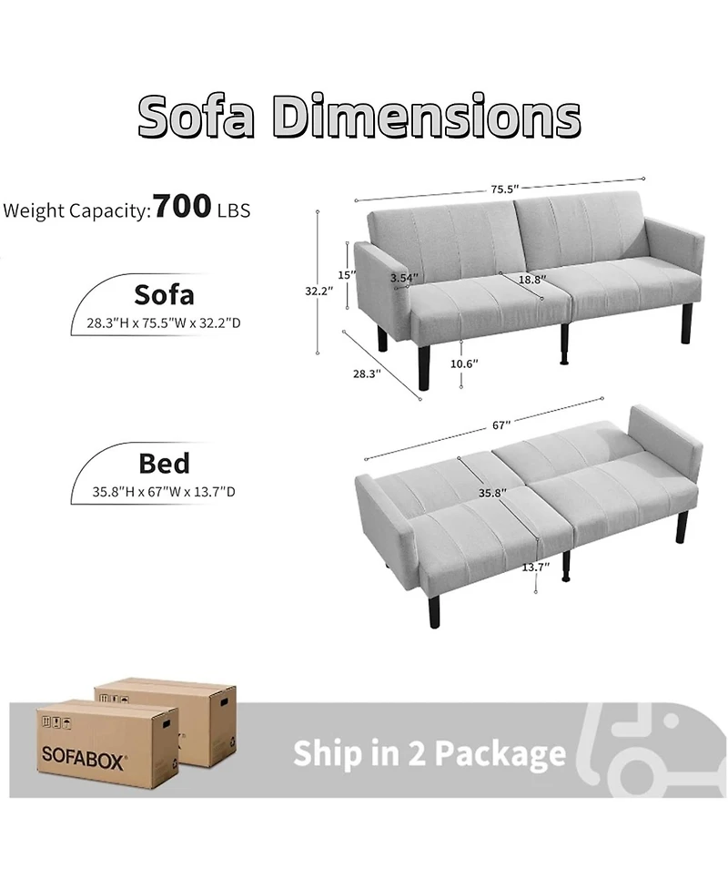 Gaomon 75.5" Linen Flannel Double Sofa Bed, 3-Position Recliner Mid-Century Sleeper