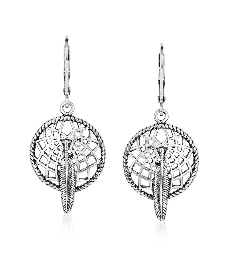 Bling Jewelry Native American Style Dream Catcher Feather Leaf Dangle Earrings