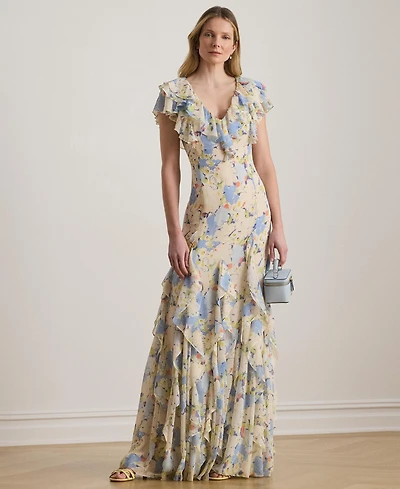 Lauren Ralph Women's Floral Print V-Neck Maxi Dress