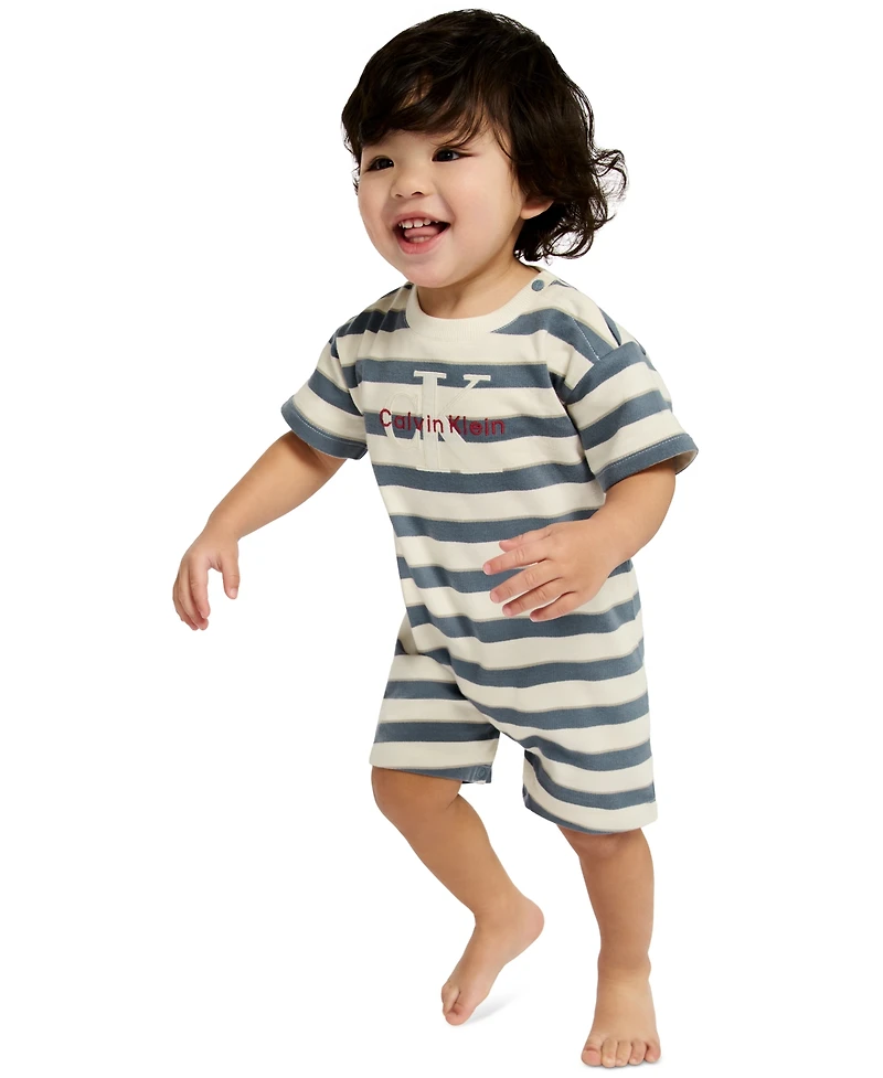 Calvin Klein Baby Boys' French Terry Striped Crewneck Romper