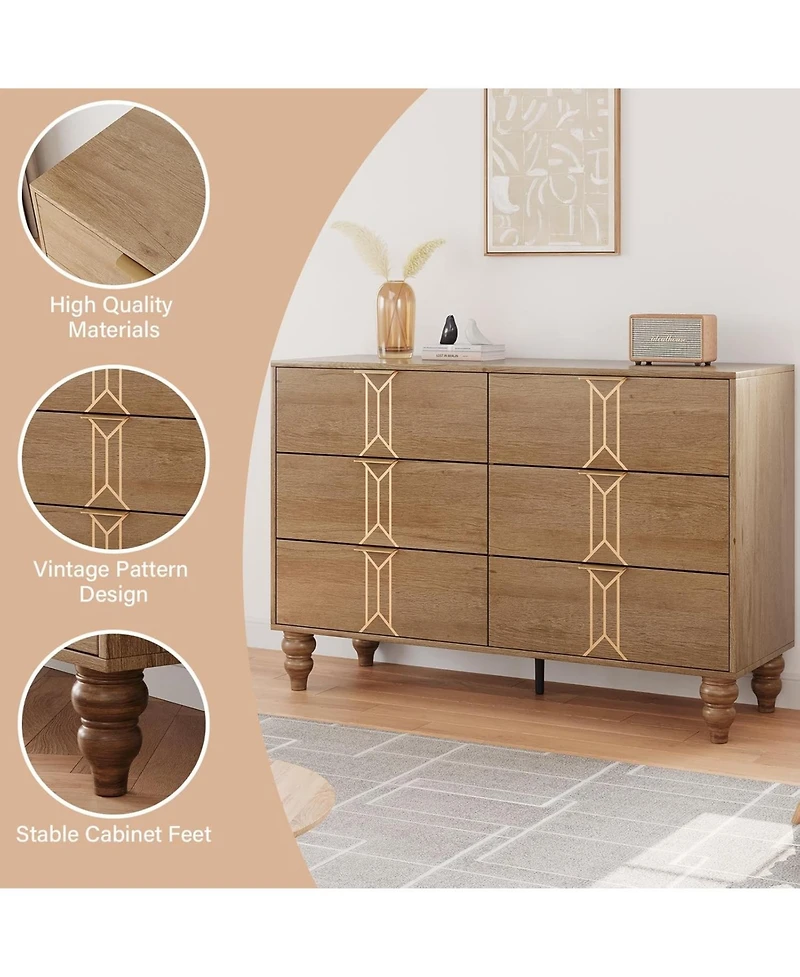 gaomon 6 Drawer Modern Wooden Dresser for Bedroom, Deep Drawers, Chest for Living Room & Hallway