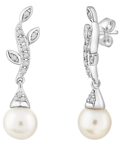 Macy's Cultured Freshwater Pearl (7mm) & Lab Grown White Sapphire (5 ct. t.w.) Drop Earrings in Sterling Silver
