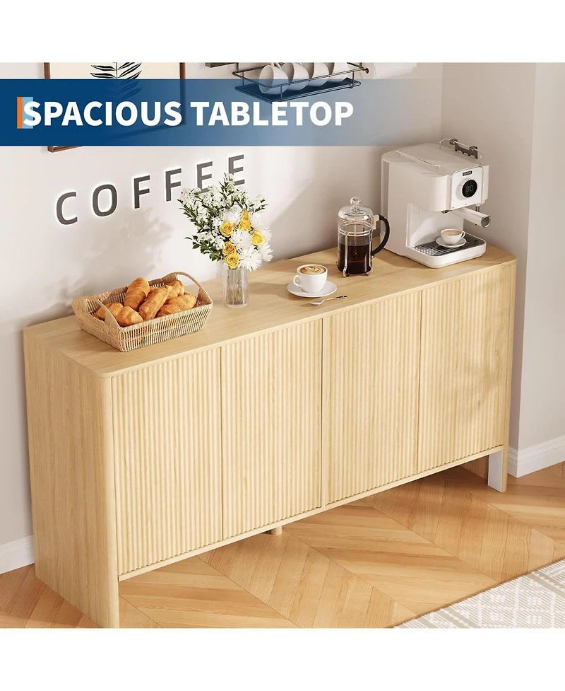 gaomon 58" Fluted Oak Sideboard Buffet Cabinet with Storage, Large Buffet Cabinet with 4 Doors and Adjustable Shelves