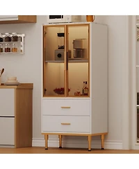 gaomon Fluted Pantry Cabinet with Glass Door and 2 Drawers, Kitchen Storage Adjustable Shelves, Modern Display Sideboard