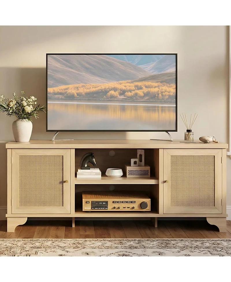 gaomon 61.8" Rattan Tv Stand for TVs up to 70", Boho Entertainment Center Table, Media Console with Storage