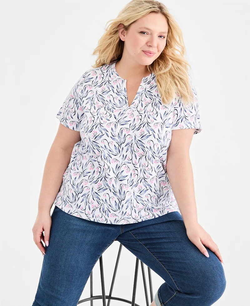 Style & Co Plus Printed Short-Sleeve Split-Neck Top, Macy's Exclusive