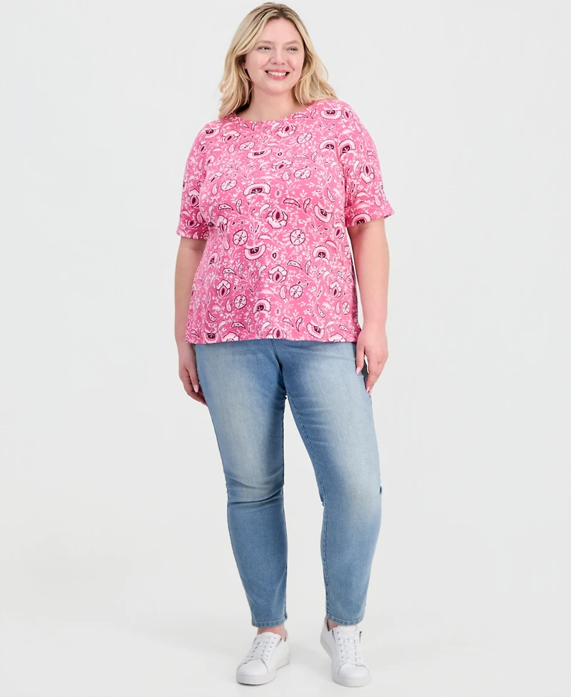 Style & Co Plus Printed Boat-Neck Elbow-Sleeve Top, Macy's Exclusive