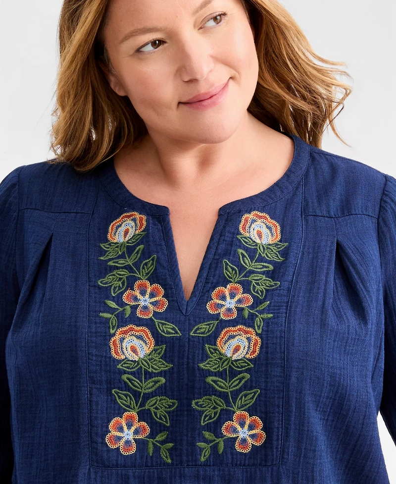 Style & Co Plus Cotton Embroidered-Trim V-Neck Top, Macy's Exclusive