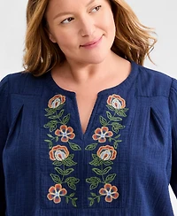 Style & Co Plus Cotton Embroidered-Trim V-Neck Top, Macy's Exclusive