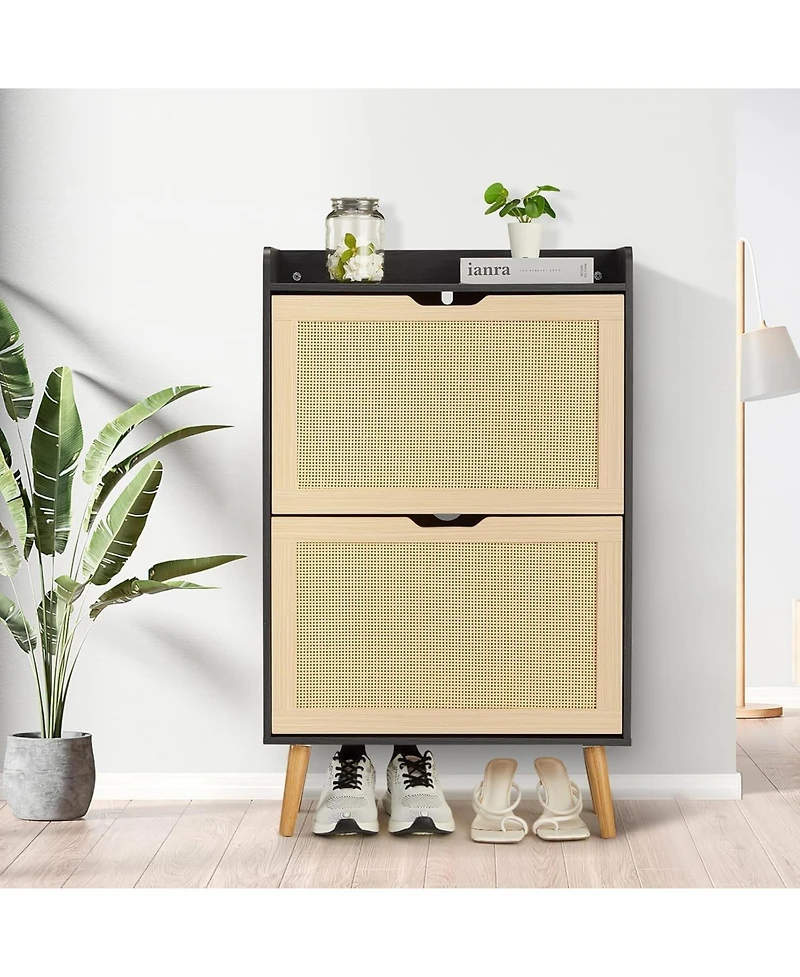 gaomon Slim Mdf Shoe Storage Cabinet with 2 Rattan Flip Drawers