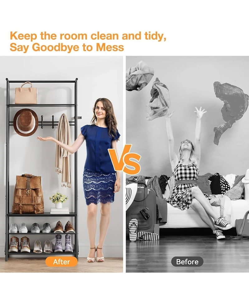 gaomon 23.6" Metal and Mdf Hall Tree with 5 Hooks and 4-Tier Storage Shelf