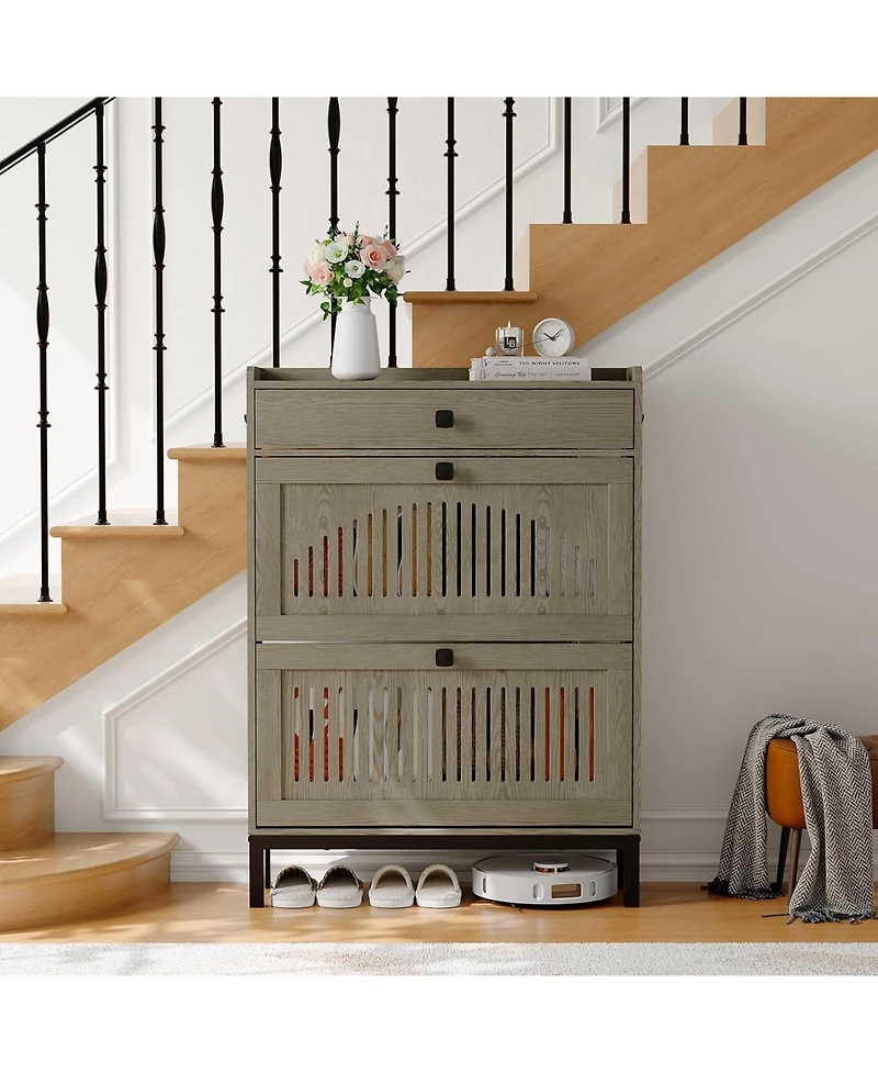 gaomon Compact Shoe Storage Cabinet with 2 Flip Drawers and Top Drawer