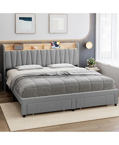 gaomon Bed Frame Storage Headboard Upholstered Platform Drawers Charging Station No Box Spring