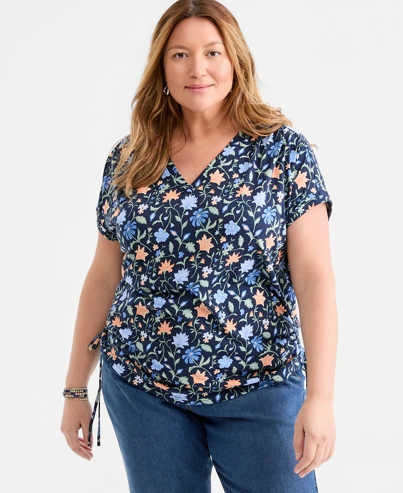 Style & Co Plus Soft Floral Ruched-Tie V-Neck Top, Macy's Exclusive