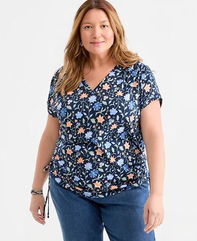 Style & Co Plus Soft Floral Ruched-Tie V-Neck Top, Macy's Exclusive