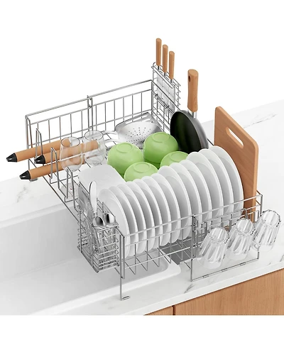 Sugift 2-Tier Detachable Stainless Steel Dish Drying Rack with Cutlery Box and Cup Holder