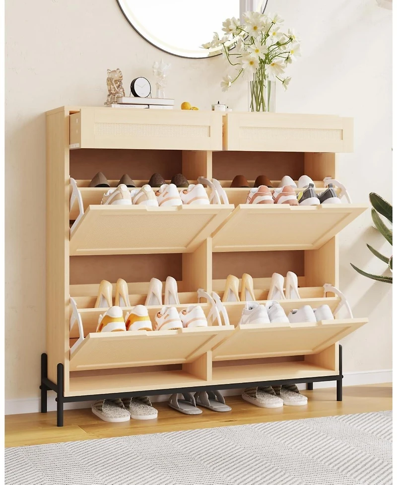 gaomon Freestanding Wooden Rattan Shoe Cabinet with 4 Flip Drawers and 2 Top Drawers