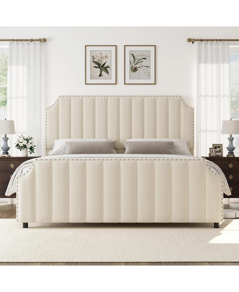 gaomon California King Velvet Upholstered Platform Bed Frame with Headboard & Footboard, Nail head Trim, Wooden Slats Support, No Box Spring