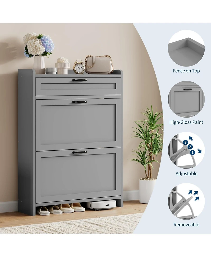 gaomon Shoe Cabinet with 2 Flip Drawers & 1 Top Drawer, Wooden Organizer Adjustable Shelf, Freestanding Storage Cabinets