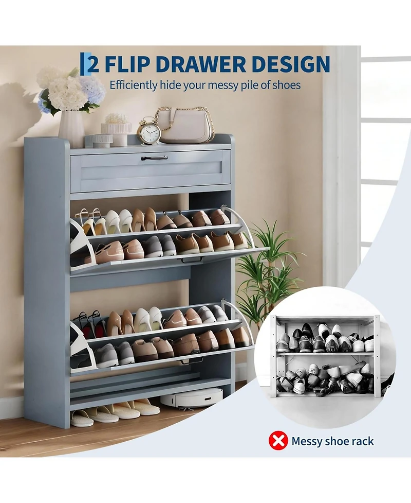 gaomon Shoe Cabinet with 2 Flip Drawers & 1 Top Drawer, Wooden Organizer Adjustable Shelf, Freestanding Storage Cabinets