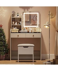 gaomon Vanity Desk with Led Mirror & Charging, Small Makeup Vanity Set, 2 Drawers, Stool, Storage for Girls