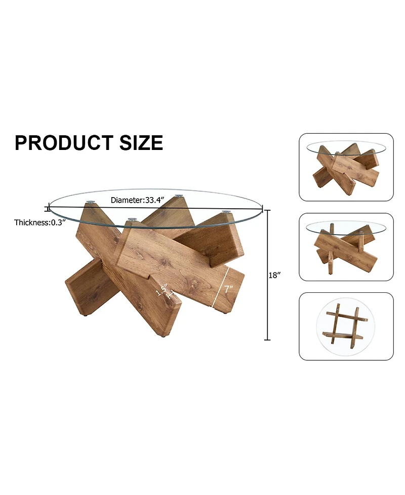 Rainsken Round Glass Top Coffee Tables, Modern Unique Center Table with Crossed Wood Legs for Living Room