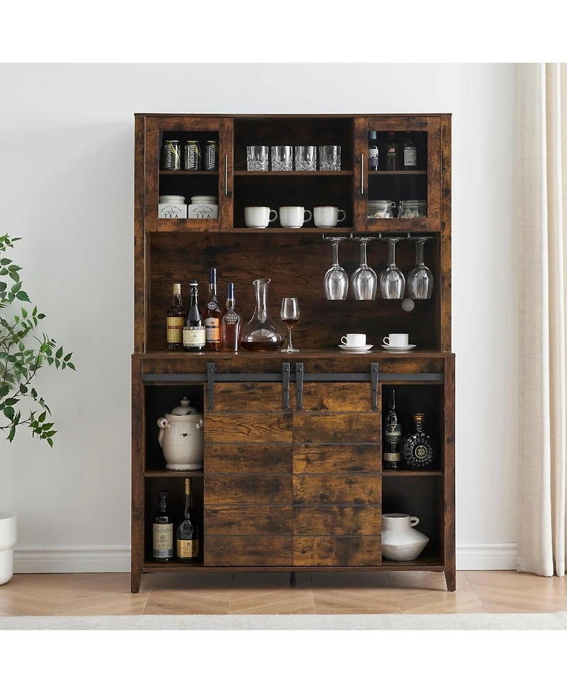 gaomon 70'' Tall Farmhouse Coffee Bar Cabinet, Kitchen Hutch Storage with Sliding Barn Door