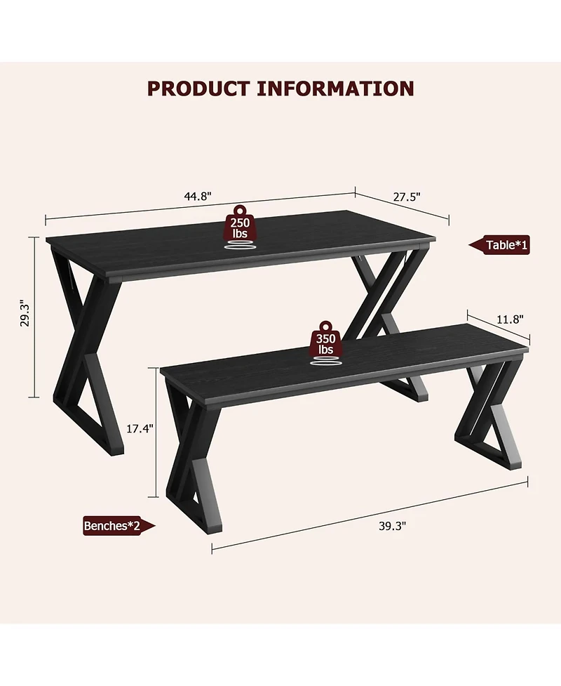 gaomon 3-Piece Metal Frame Dining Table Set with 2 Benches