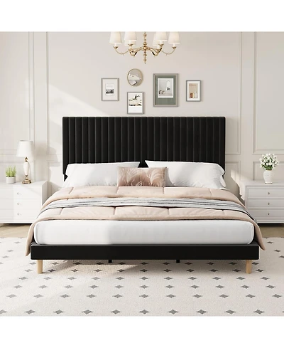 gaomon Velvet Platform Bed Frame with Vertical Channel Tufted Adjustable Headboard, Wooden Slats Support, No Box Spring