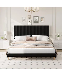 gaomon Velvet Platform Bed Frame with Vertical Channel Tufted Adjustable Headboard, Wooden Slats Support, No Box Spring