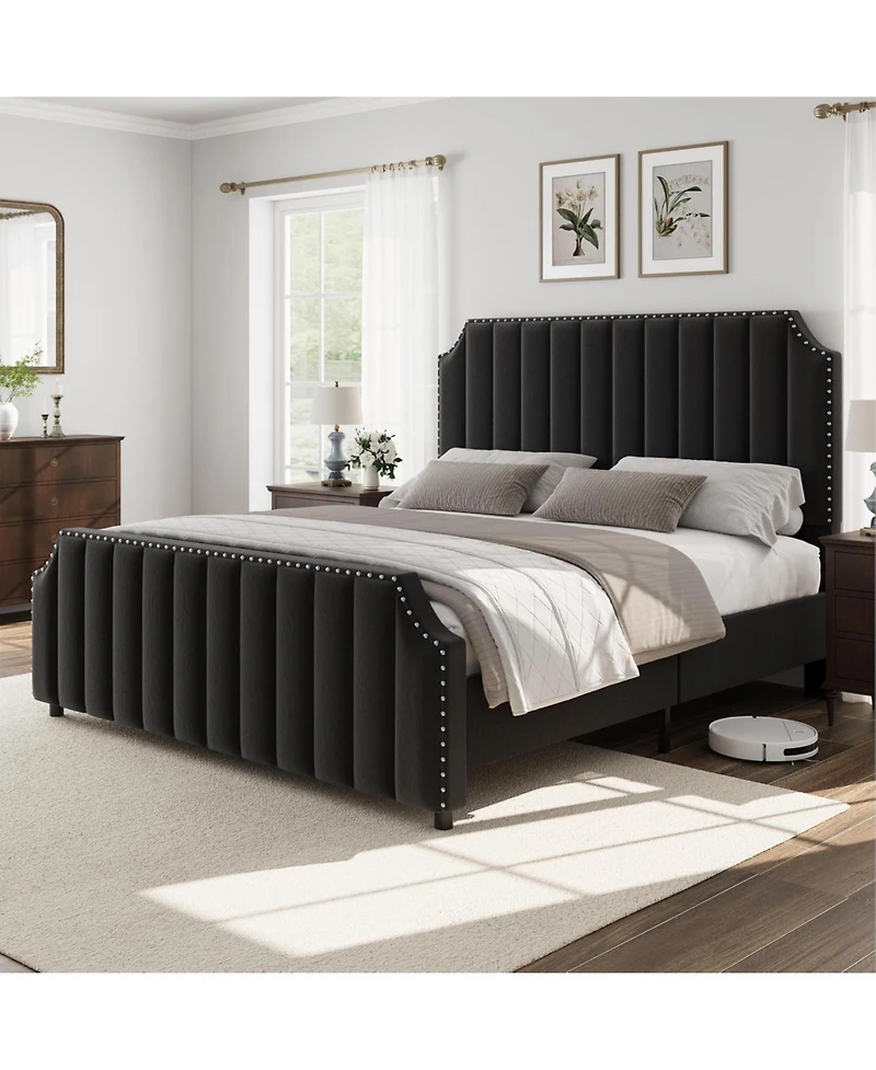 California King Velvet Upholstered Platform Bed Frame with Headboard & Footboard, Nailhead Trim, Sturdy Wooden Slats, Silent Design