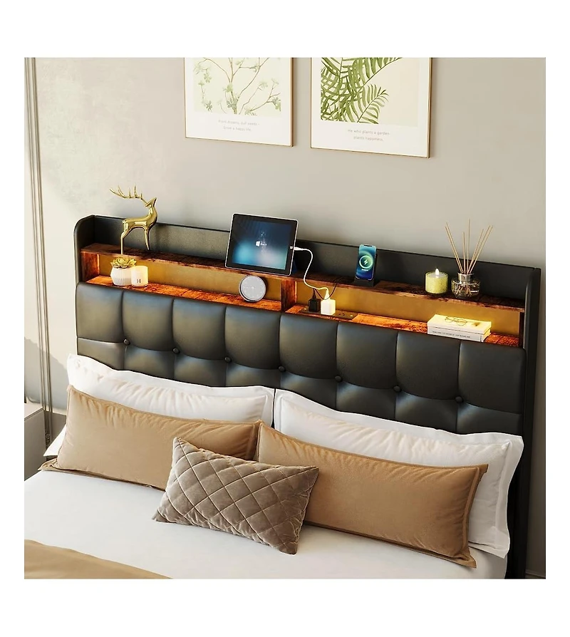 gaomon Full Bed Frame with Headboard & 2 Storage Drawers, Upholstered Platform Bed with Led Lights