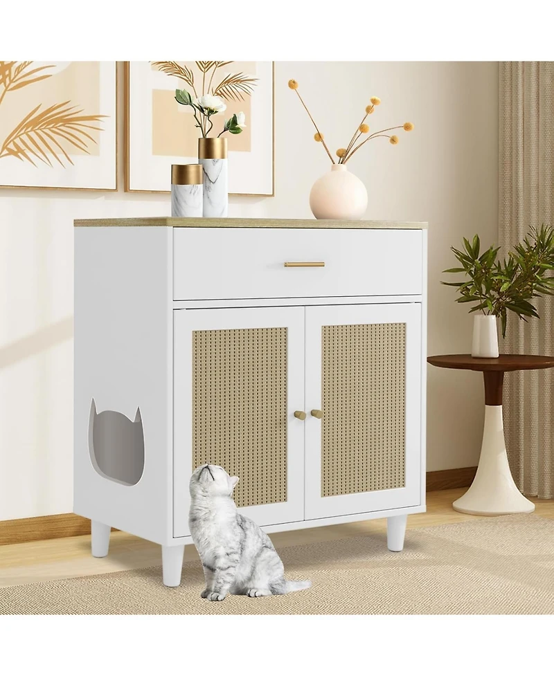gaomon Hidden Cat Litter Box Enclosure Furniture, 31.5" Wooden Dog Proof Cat Litter Box Enclosure Cabinet with Drawer and 2 Sisal Doors