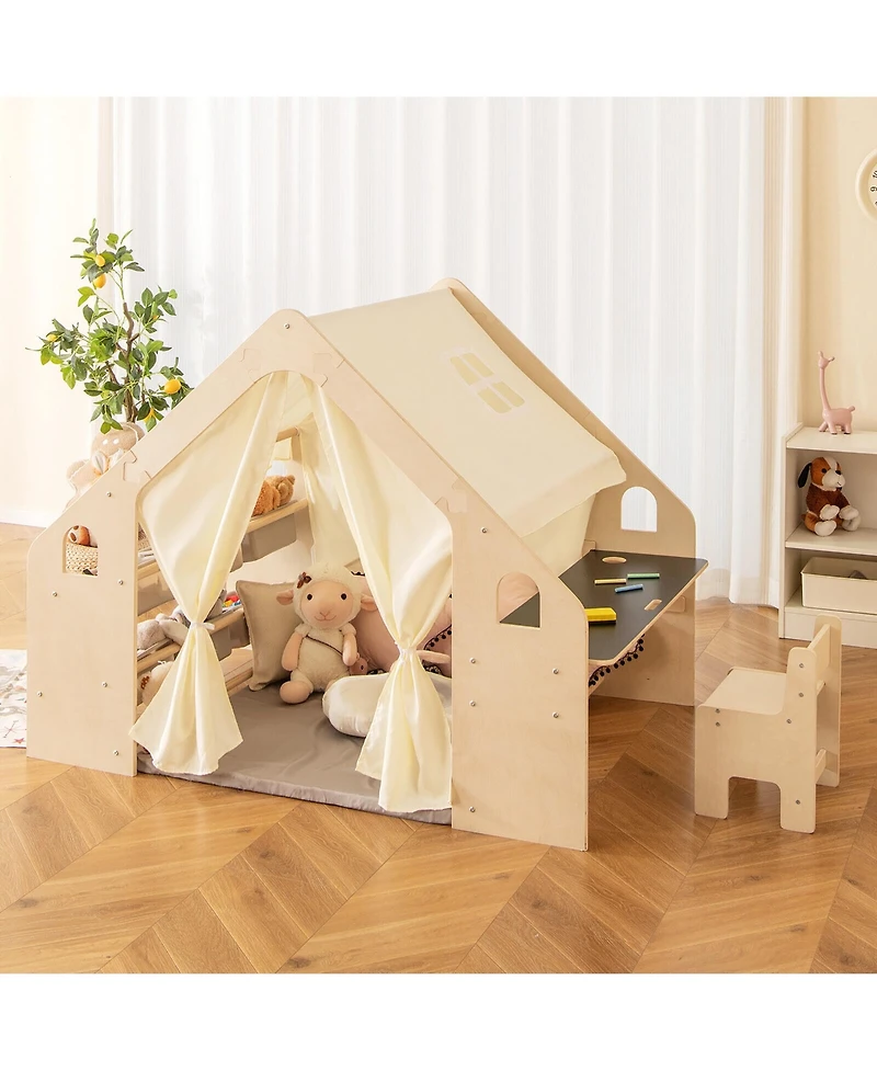 Gymax 6-in-1 Kids Playhouse Wooden Play Tent w/ Blackboard Desk Chair 6 Storage Bins