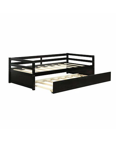Sugift Wooden Slat Trundle Platform Bed