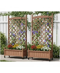 Clihome 2 Pack Raised Garden Bed with Trellis, Outdoor Wooden Planter Box & Plant Stand with Climbing Racks