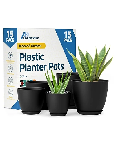 Lifemaster Plant Pots 15 Pack with Drainage Holes & Saucers, Durable & Weatherproof Stackable Indoor & Outdoor Planters