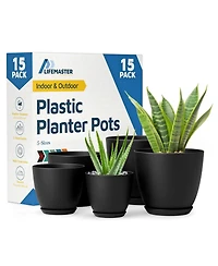Lifemaster Plant Pots 15 Pack with Drainage Holes & Saucers, Durable & Weatherproof Stackable Indoor & Outdoor Planters