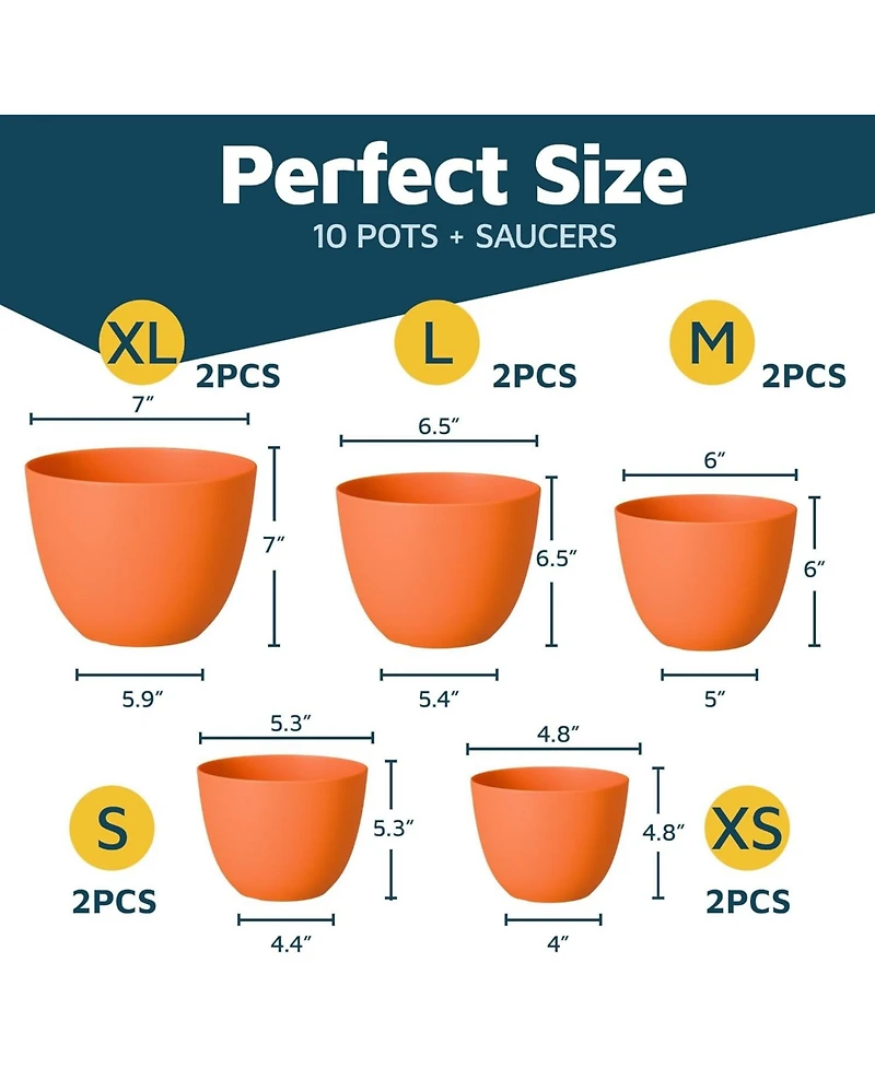 Lifemaster 10-Pack Yellow Plant Pots with drainage holes & saucers. Stackable, durable, weatherproof for indoor/outdoor plants & flowers