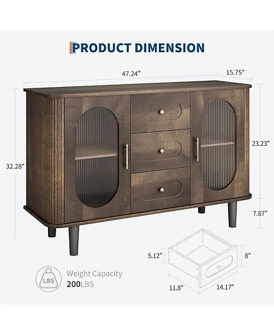 gaomon Sideboard with Fluted Glass Doors and 3 Drawers with Adjustable Shelves for Kitchen