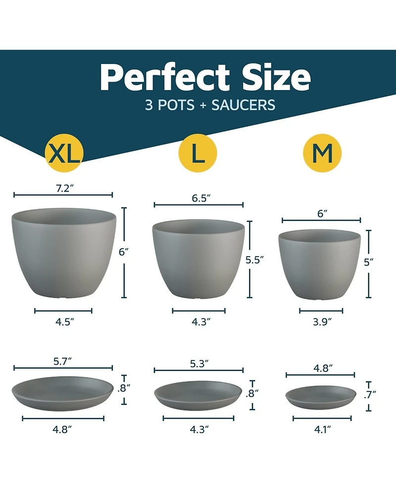 Lifemaster Gray Plant Pots 3-Pack with Drainage Holes & Saucers, Stackable Space-Saving Indoor & Outdoor Planters